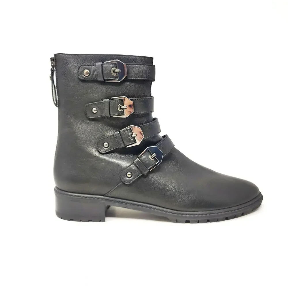 Stuart Weitzman Womens 11 Narrow Boots Jitterbug Black Leather Moto Buckle Goth